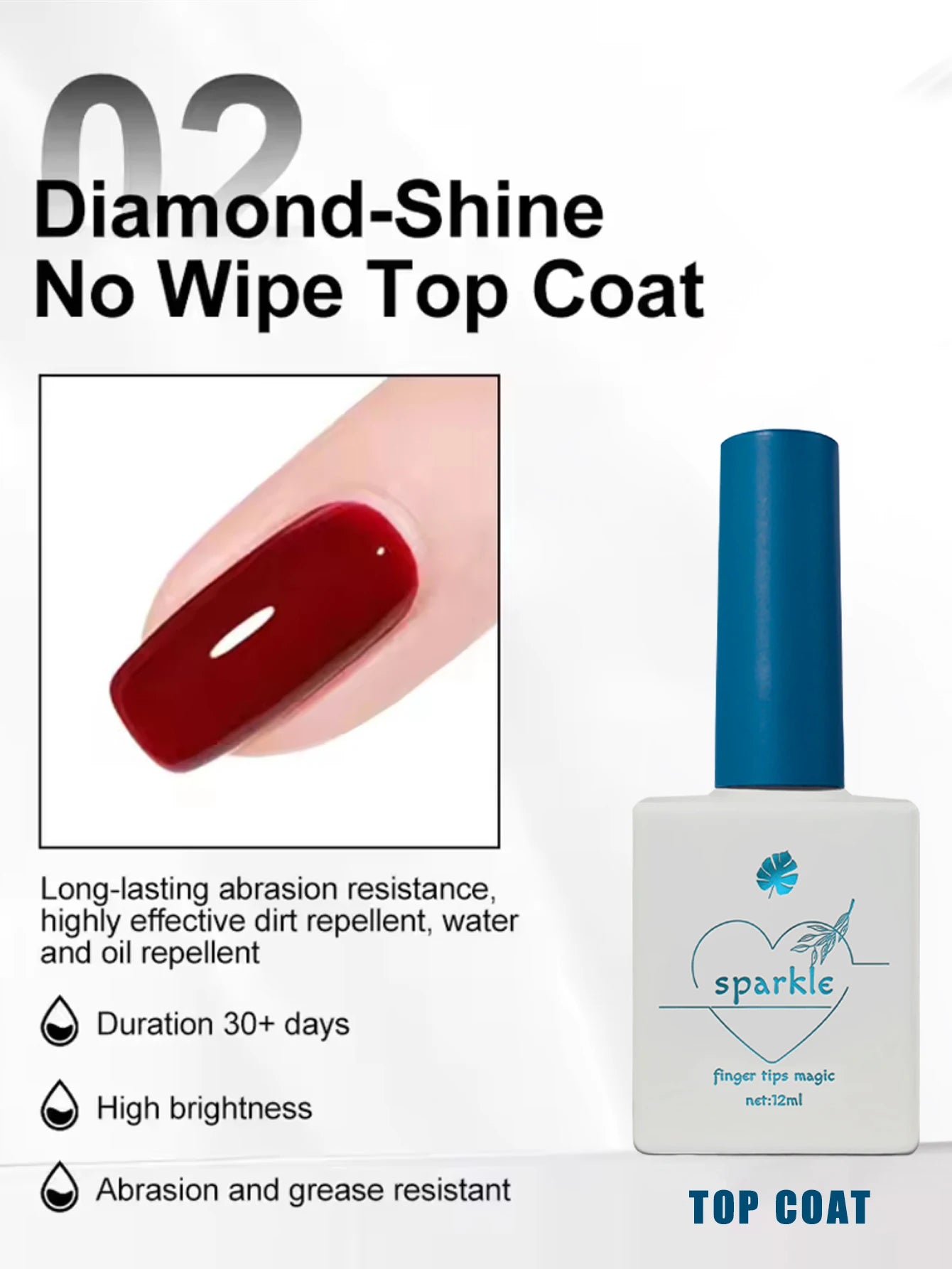 Diamond-Shine No Wipe Top Coat bottle with a hand showing red nail polish and product details on a white background.