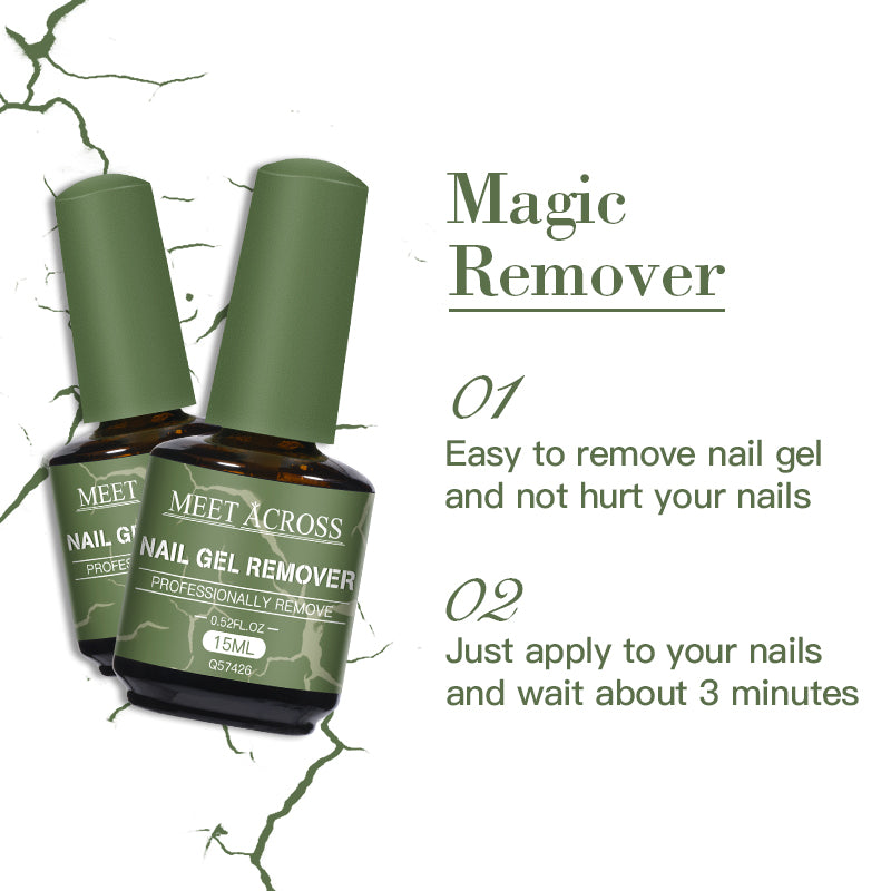 Two bottles of Meet Across nail gel remover with text on a white background