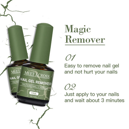 Two bottles of Meet Across nail gel remover with text on a white background