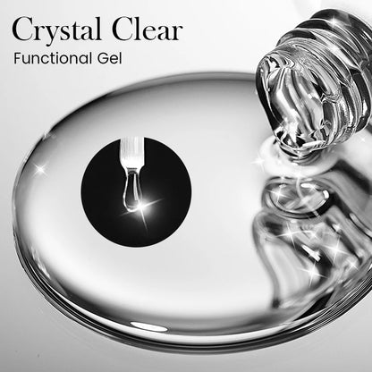 Crystal clear functional gel being dripped onto a metallic surface with 'Crystal Clear Functional Gel' text.