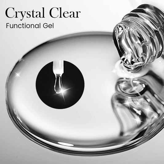 Crystal clear functional gel being dripped onto a metallic surface with 'Crystal Clear Functional Gel' text.