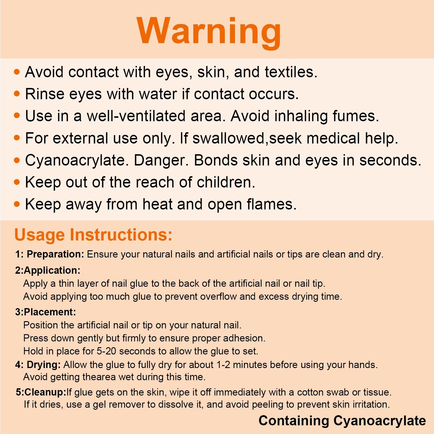 Warning and usage instructions for a product containing Cyanoacrylate on a beige background.