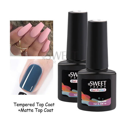 Two bottles of Sweet Trend gel polish with a close-up of nails painted pink and blue.