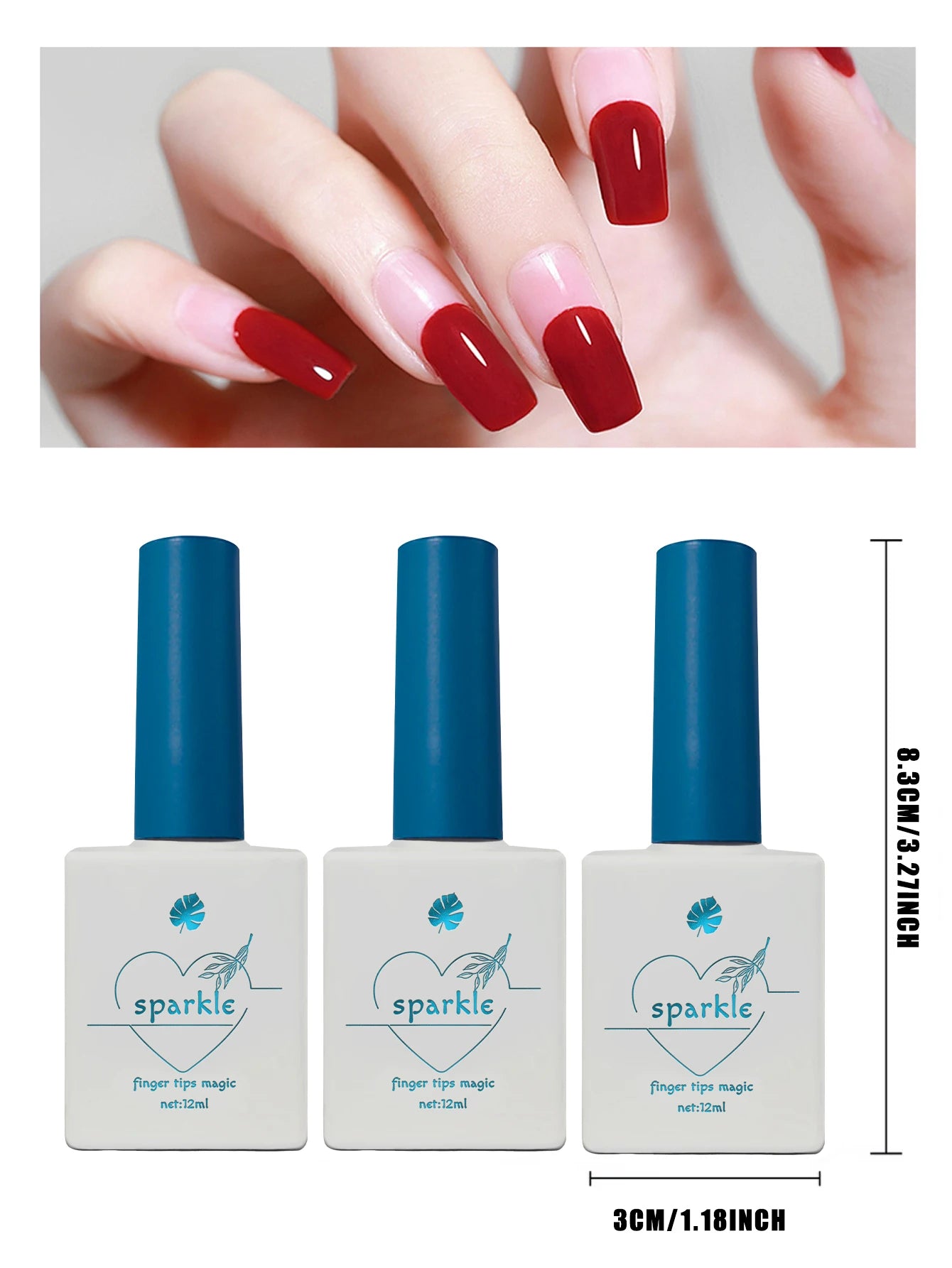 Nail polish bottles with blue caps and white labels, featuring a brand logo, on a white background.