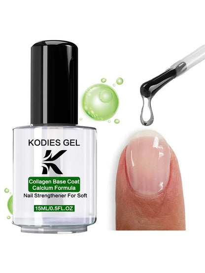 Kodies Gel nail strengthener bottle with a dropper and a close-up of a nail being treated.