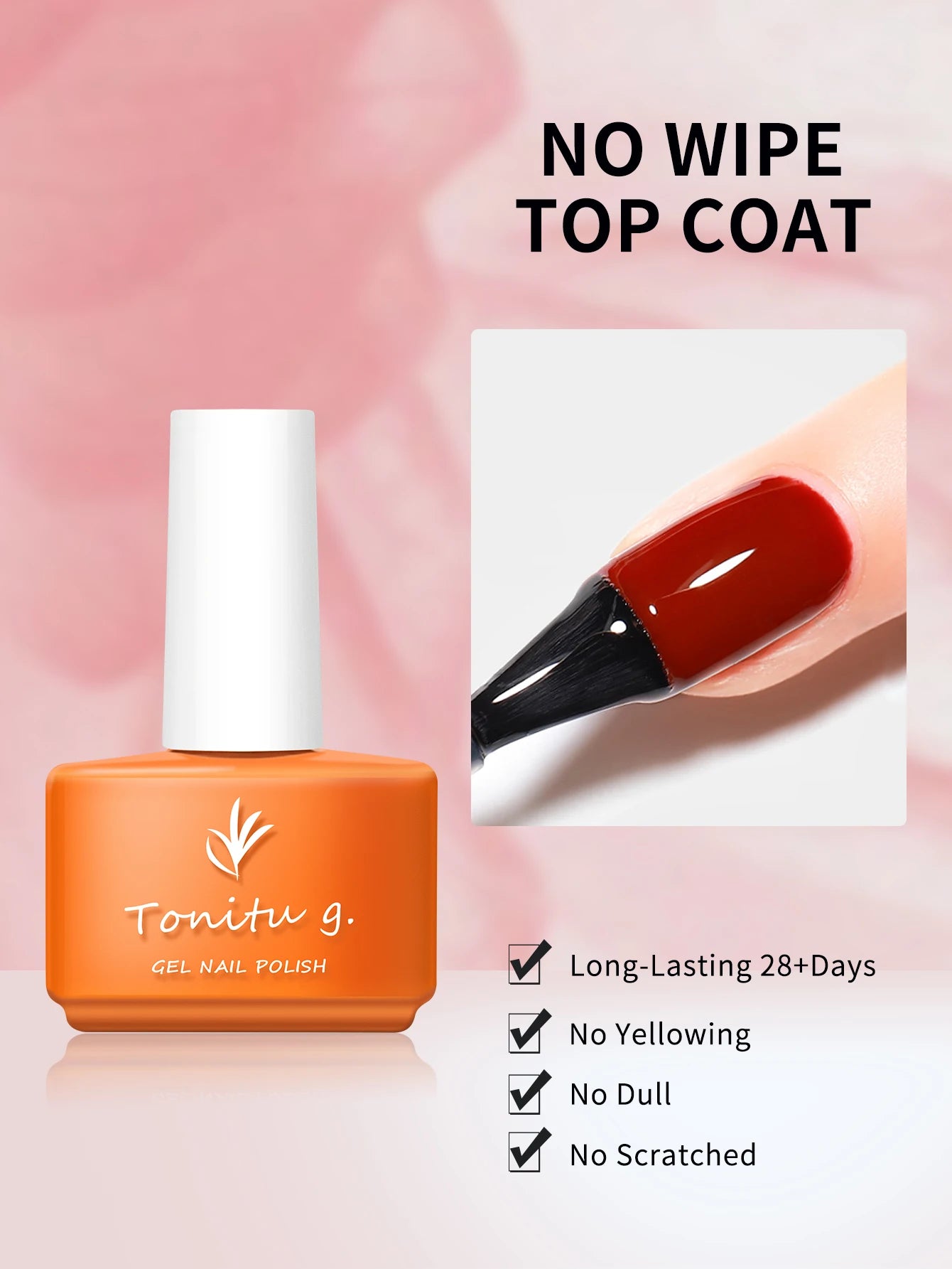 Orange nail polish bottle with 'Tonitu g.' branding and a close-up of a red nail with a no-wipe top coat on a pink background.
