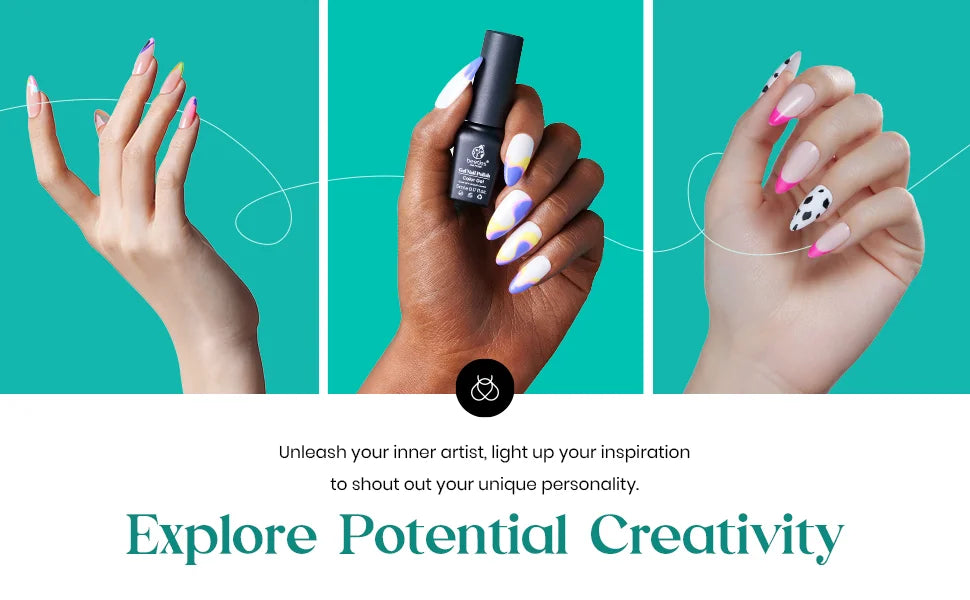 Three hands with painted nails and a bottle of nail polish against a teal background, with text encouraging exploration of creativity.