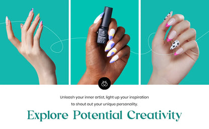 Three hands with painted nails and a bottle of nail polish against a teal background, with text encouraging exploration of creativity.