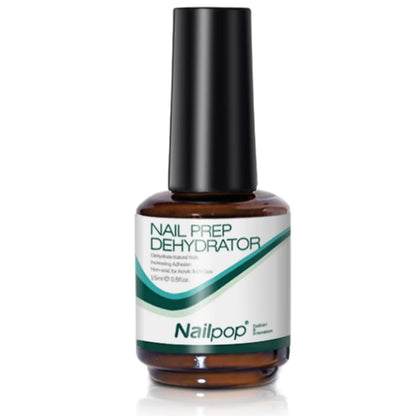 Nail Prep Dehydrator bottle with brown glass and black cap on a white background