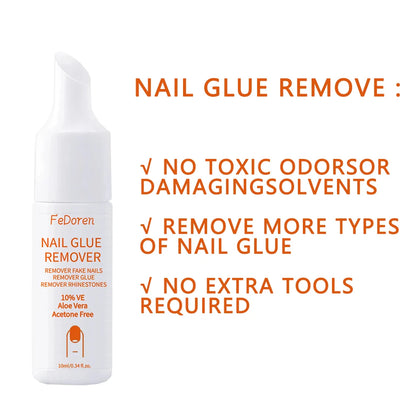 Nail glue remover bottle with text highlighting its benefits on a white background