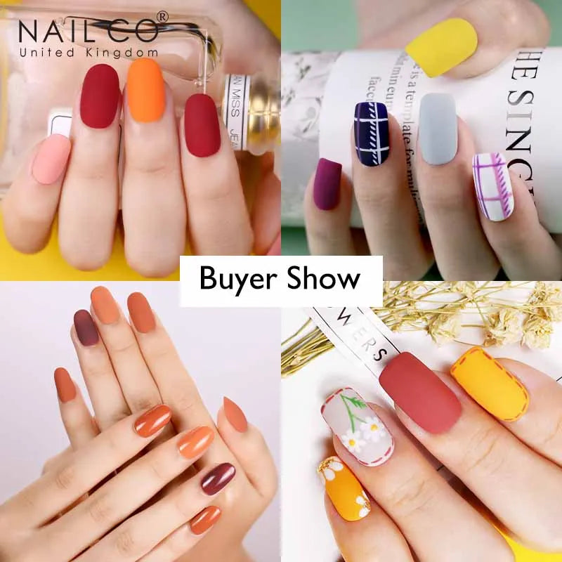 Collage of hands with various nail color designs and a bottle of nail polish.