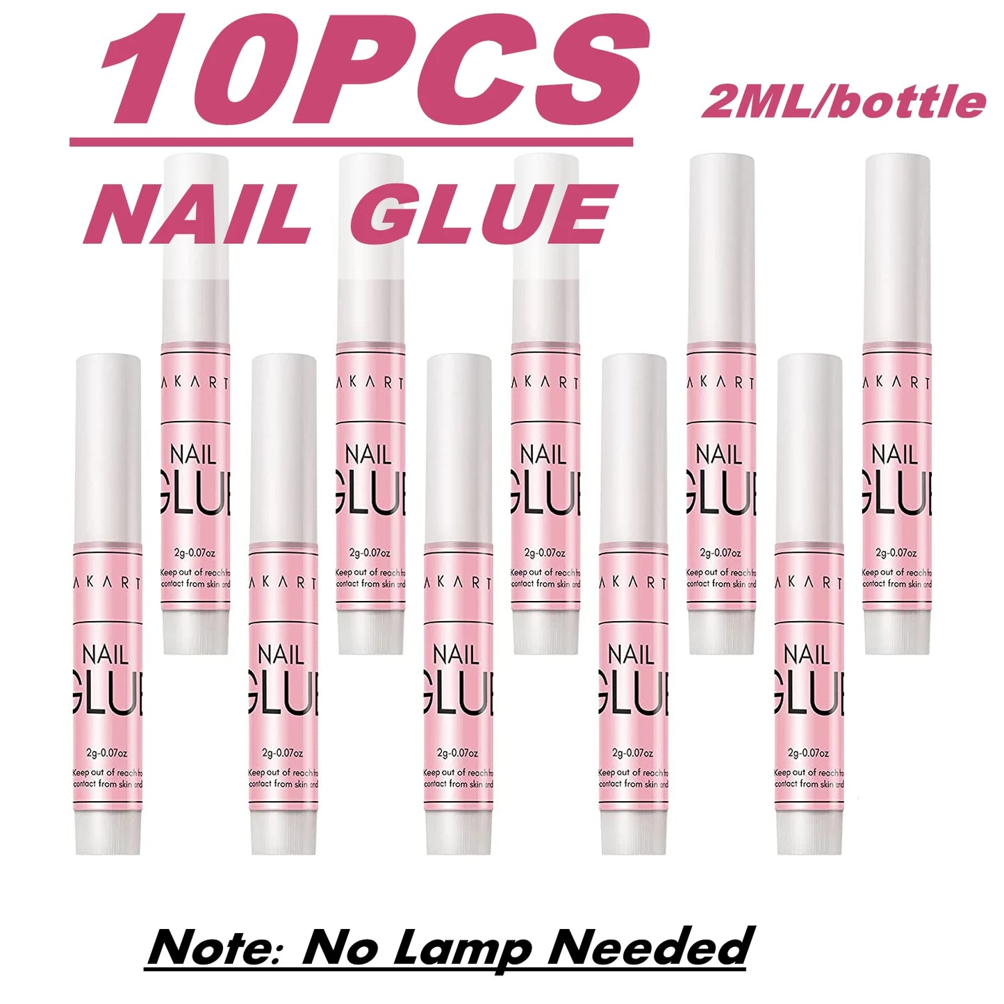 Multiple bottles of nail glue with pink and white packaging on a white background.