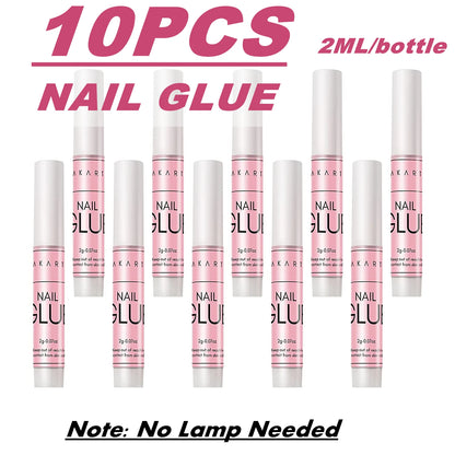 Multiple bottles of nail glue with pink and white packaging on a white background.