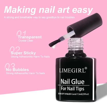 LIMEGIRL nail glue bottle with applicator on a pink background