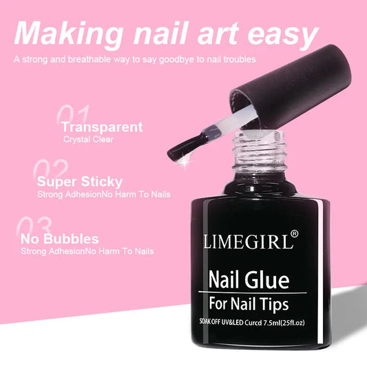 LIMEGIRL nail glue bottle with applicator on a pink background