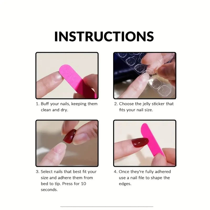 Instructions for using nail extensions with images of hands and tools.