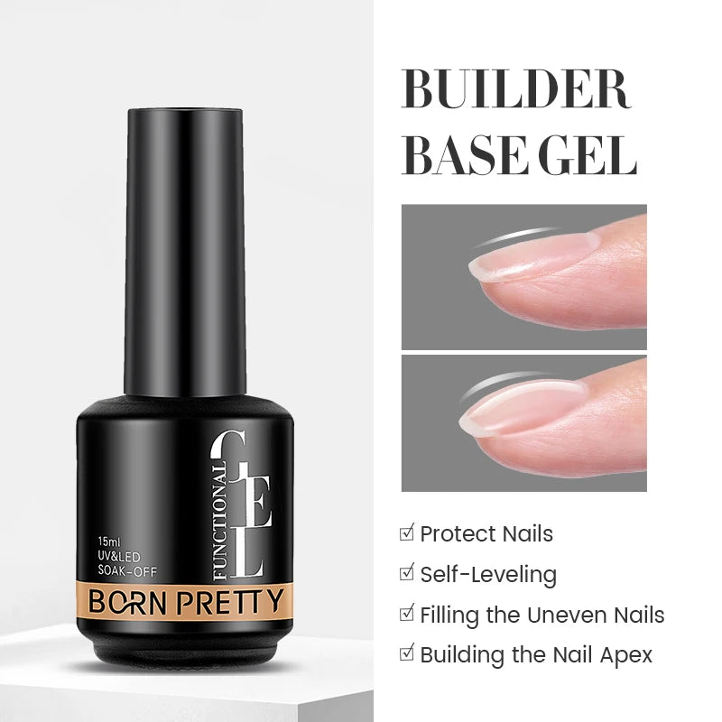 Born Pretty Builder Base Gel bottle with product features on a white background