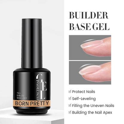 Born Pretty Builder Base Gel bottle with product features on a white background