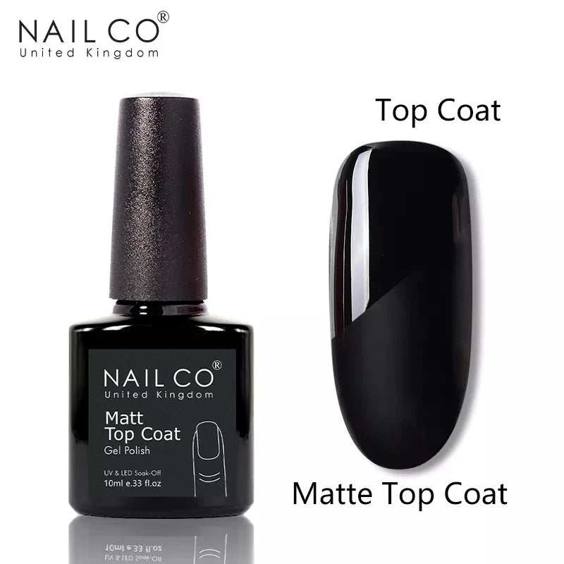 Nail Co Matt Top Coat gel polish bottle and swatch on a white background