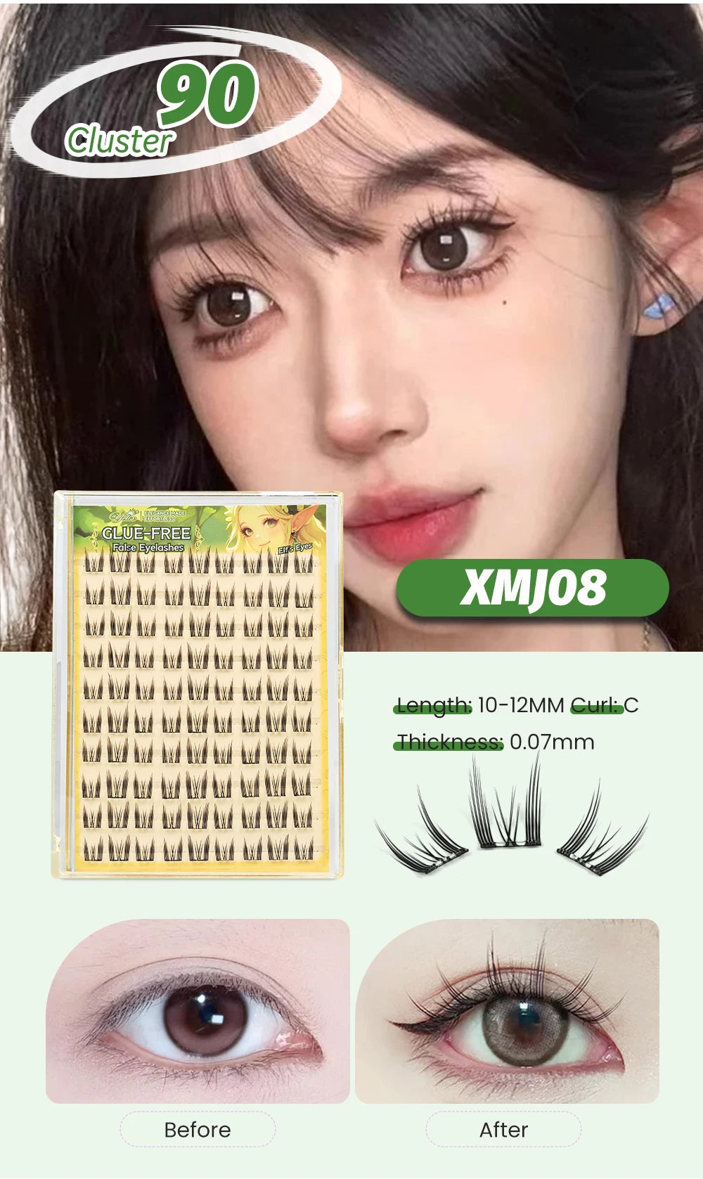 Yelix Self Adhesive Korean Manga Style Cluster Lashes 10 Row Natural Soft