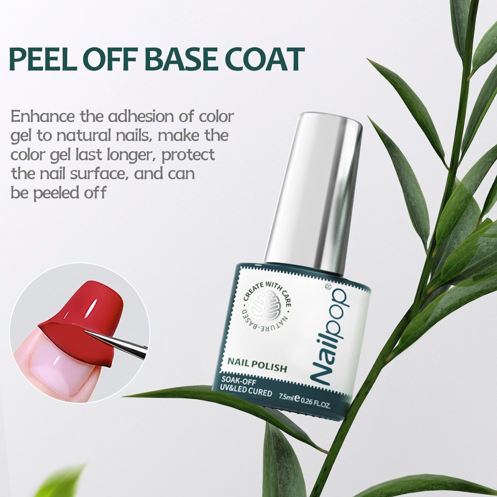 Nail polish bottle with green leaves and text about peel off base coat