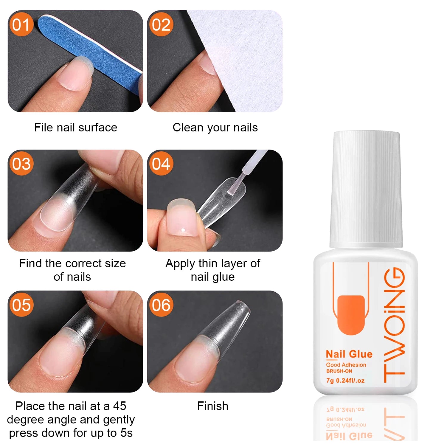 Step-by-step guide on applying nail glue with a product image of 'TWOING' nail glue bottle.