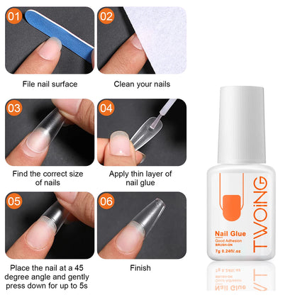 Step-by-step guide on applying nail glue with a product image of 'TWOING' nail glue bottle.