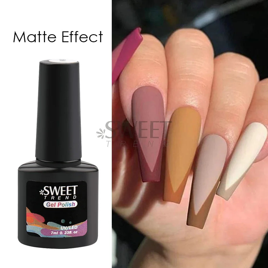 Sweet Trend gel polish bottle with a hand displaying matte nail colors.