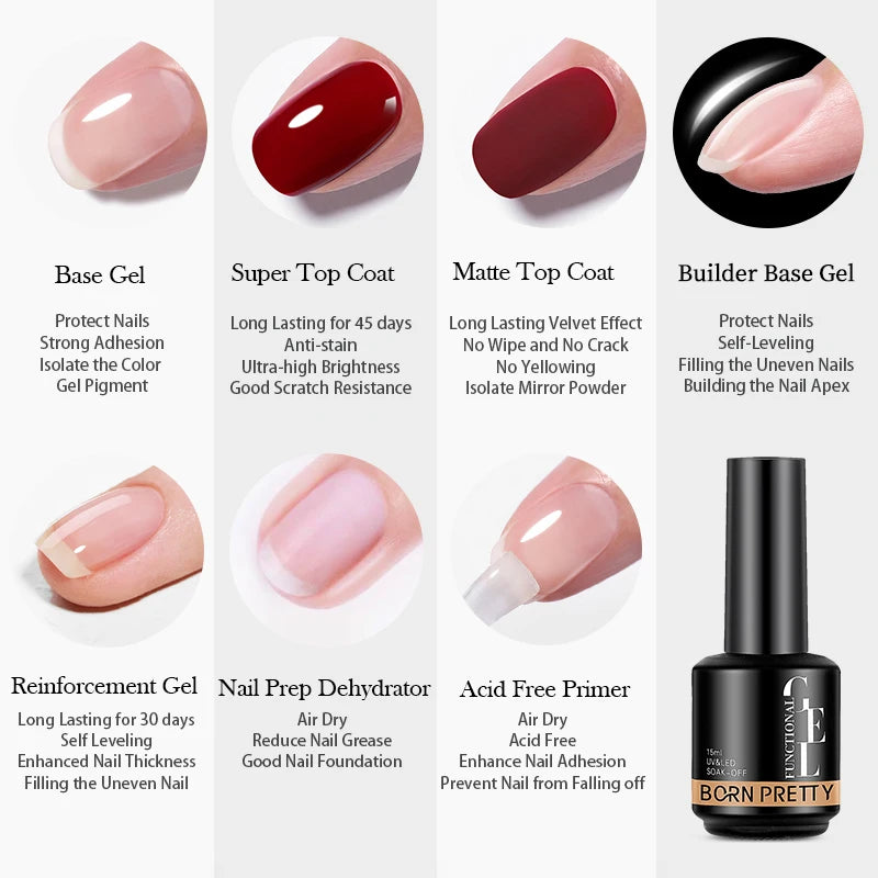 Gel nail polish product line with various coats and a bottle labeled 'Born Pretty' on a white background.