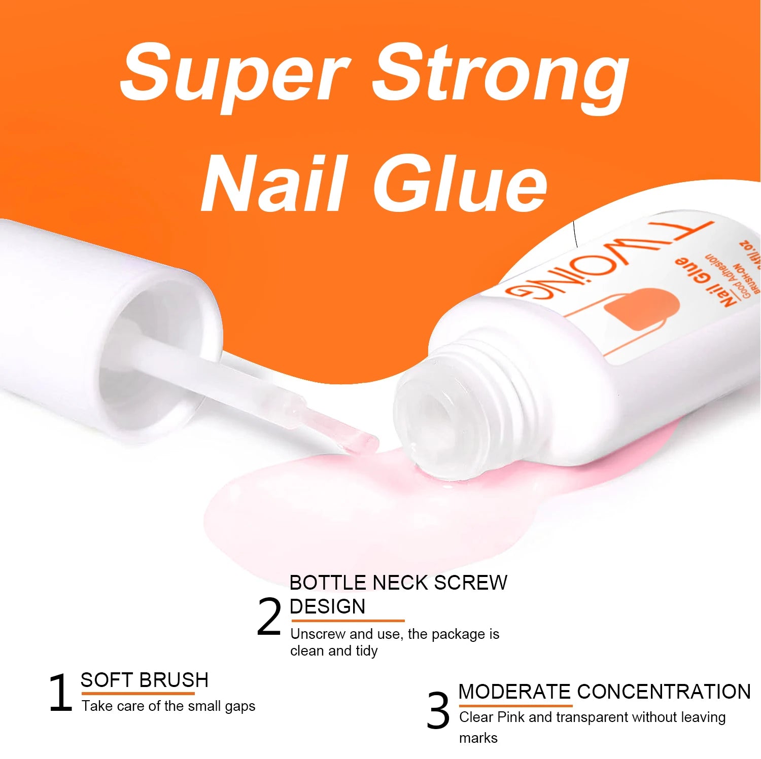 Super Strong Nail Glue with product and features on an orange background