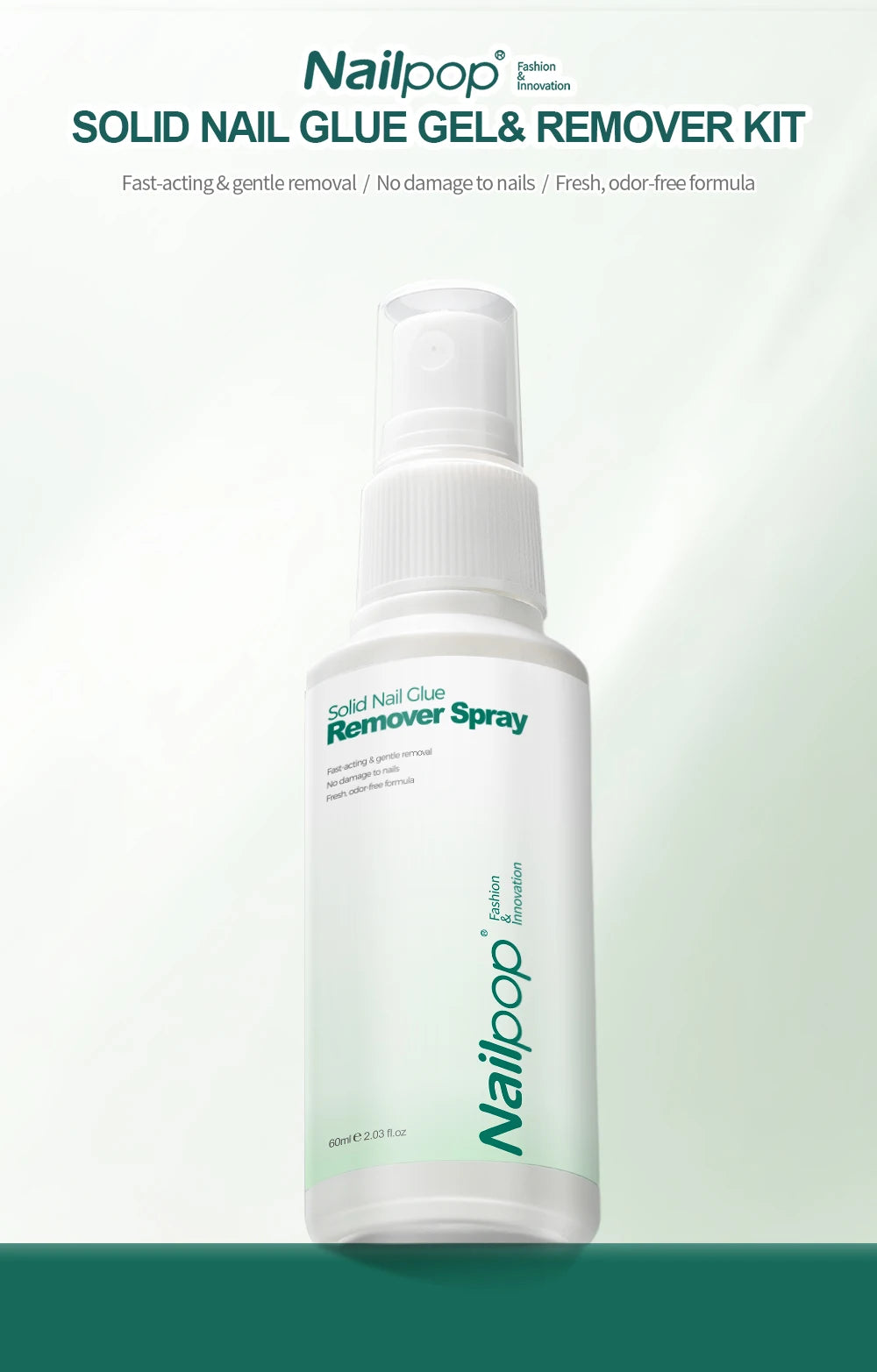 Nailpop solid nail glue gel & remover kit with spray bottle on a white background