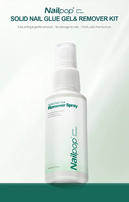 Nailpop solid nail glue gel & remover kit with spray bottle on a white background