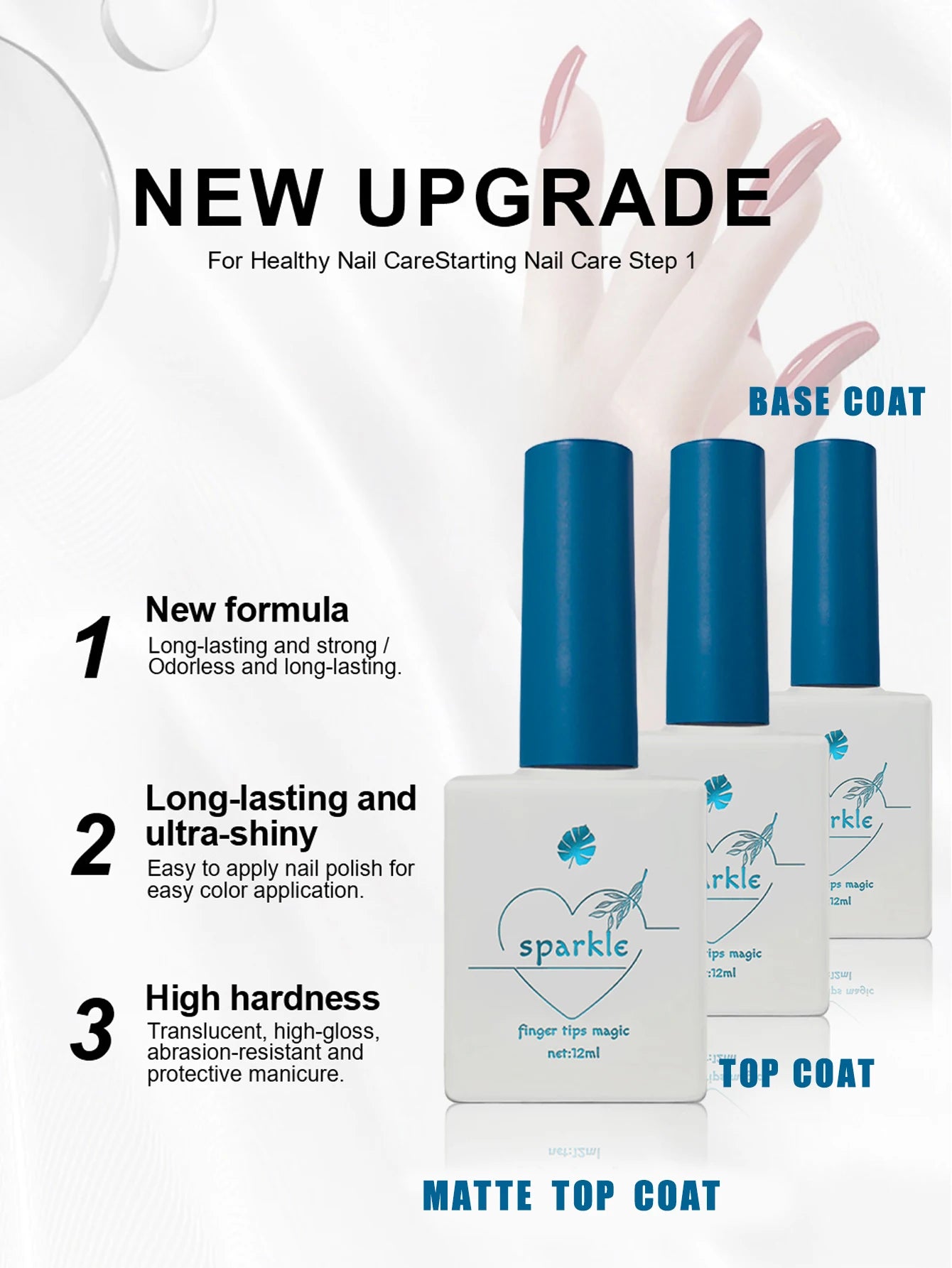 Nail care product set with bottles and packaging on a white background