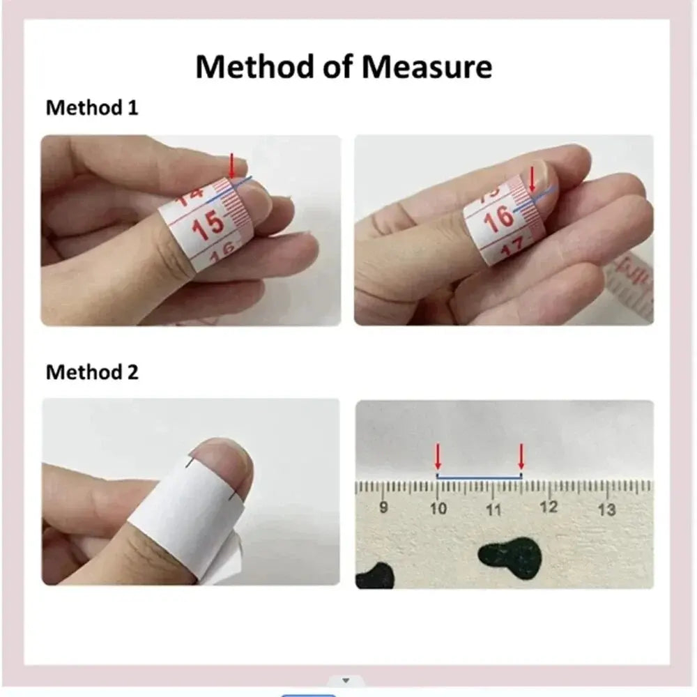 Instructions on how to measure finger size using a tape measure and a ruler.