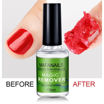 Mafanails Magic Remover bottle with a hand showing red nail polish and gel being removed.