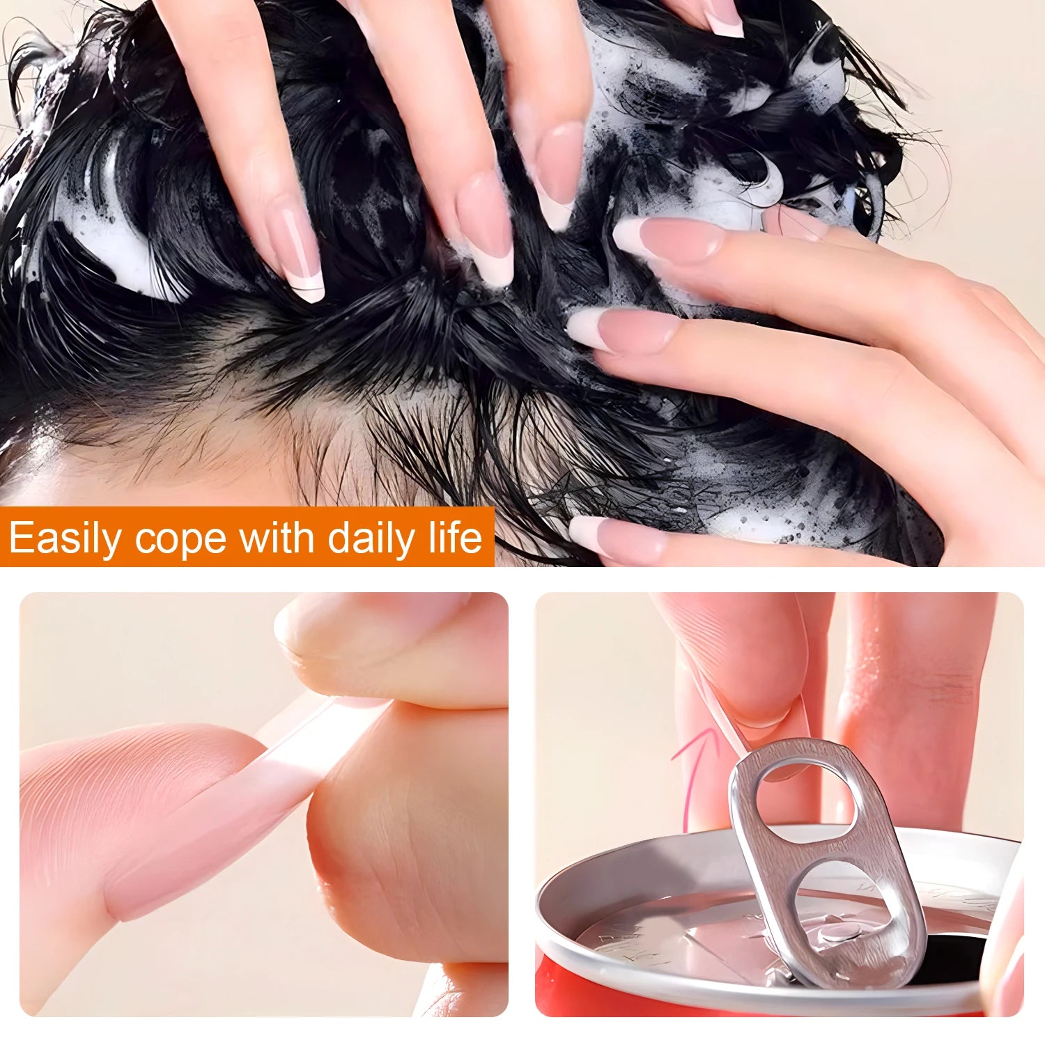 Person washing hair with shampoo, applying cream to a finger, and using a can opener.