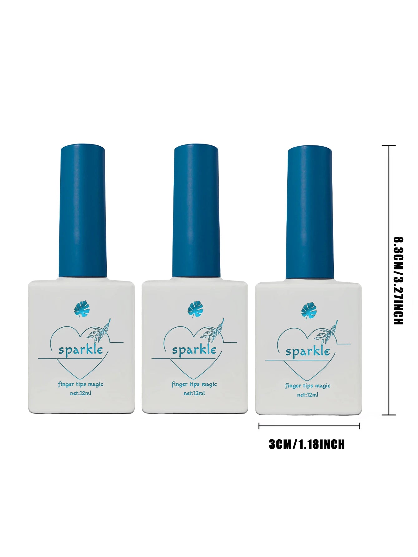 Three bottles of 'Sparkle' nail gel with blue caps on a white background, accompanied by measurements.