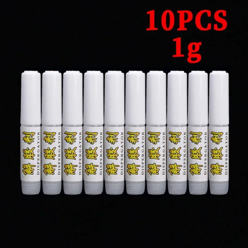 10 white cylindrical containers with labels on a black background, labeled '10PCS 1g'.