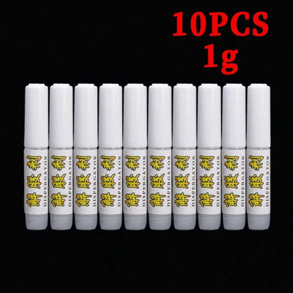 10 white cylindrical containers with labels on a black background, labeled '10PCS 1g'.