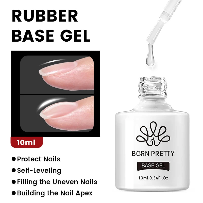 Bottle of Born Pretty Rubber Base Gel with dropper and text highlighting features.