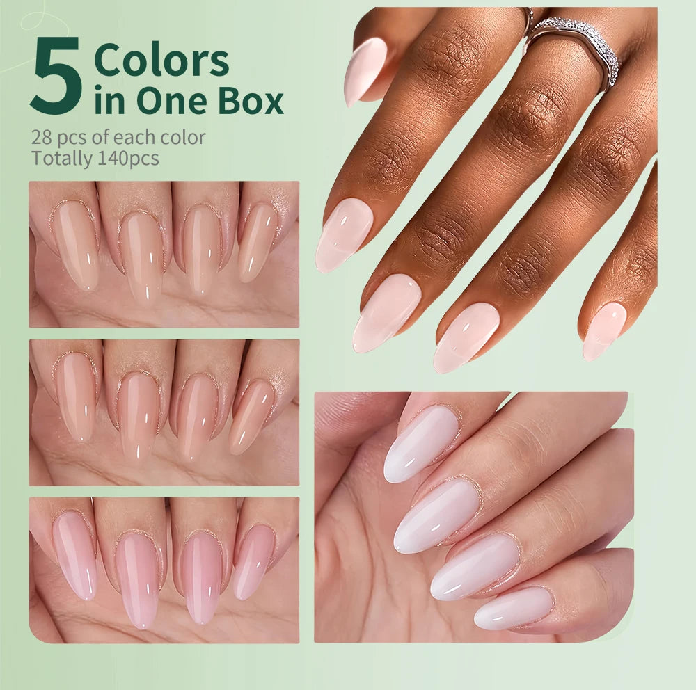 Nail polish set with five colors shown on a hand against a light green background.