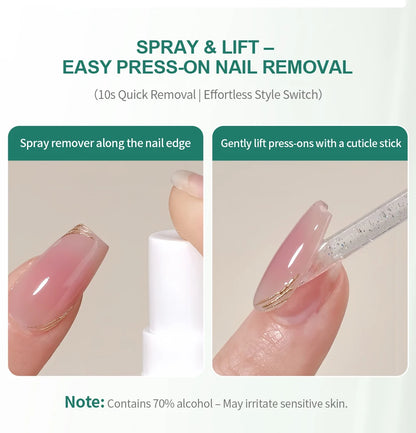 Step-by-step guide on how to remove press-on nails with a spray remover and cuticle stick.