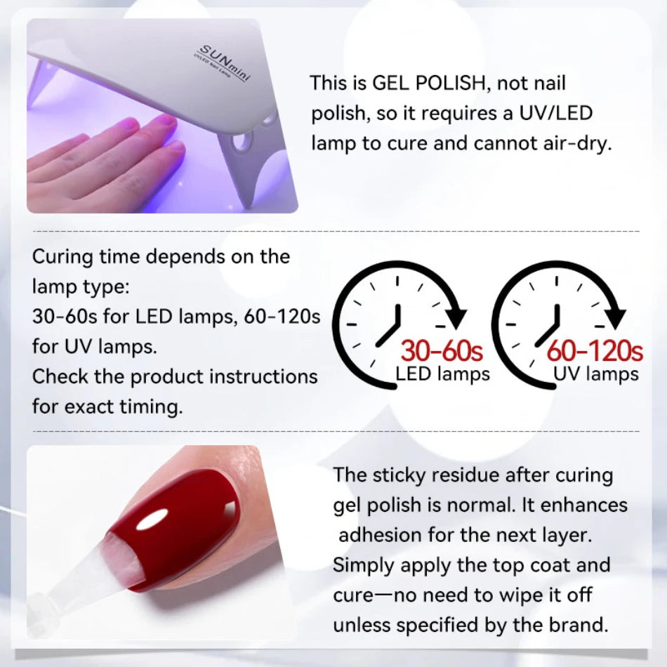 Informational graphic about gel polish curing time with a UV/LED lamp.