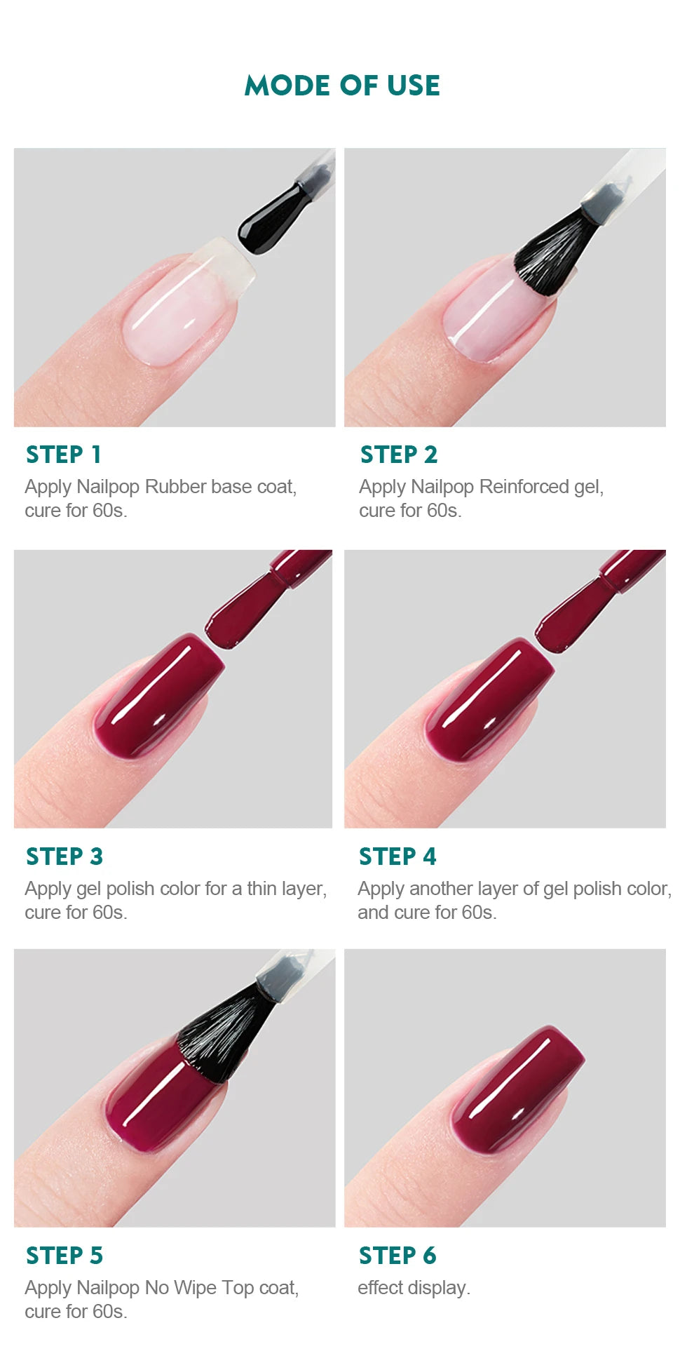 Step-by-step guide on applying gel nail polish with images of nails and tools.