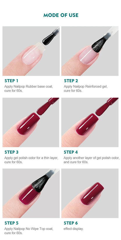 Step-by-step guide on applying gel nail polish with images of nails and tools.
