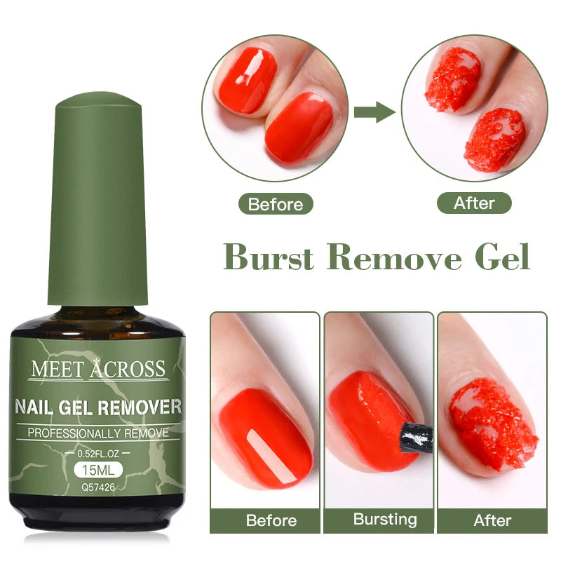 Nail gel remover bottle with before and after effects on nails.