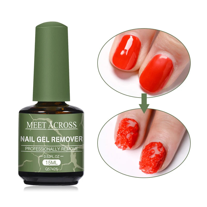 Nail gel remover bottle with before and after images of red gel removal.