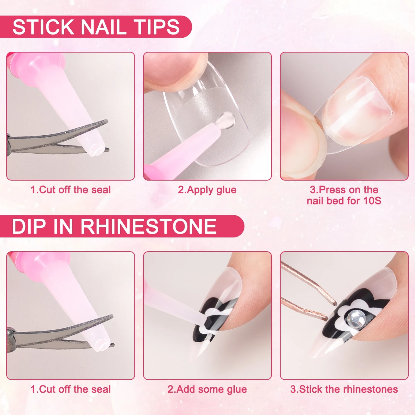 Step-by-step guide on applying nail tips with rhinestones on a pink background