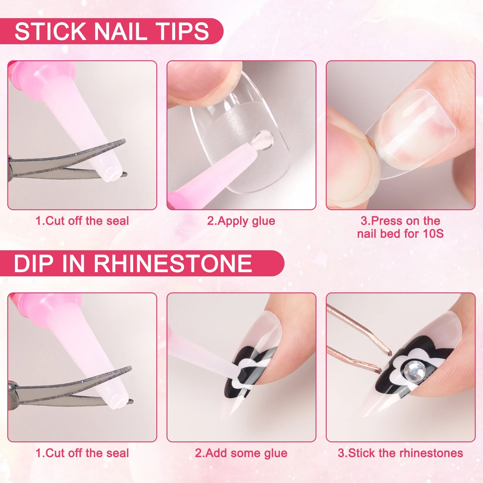Step-by-step guide on applying nail tips with rhinestones on a pink background