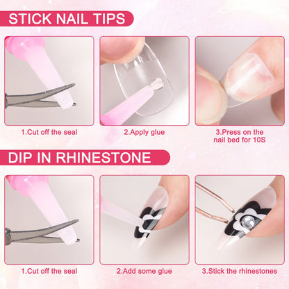 Step-by-step guide on applying nail tips with rhinestones on a pink background